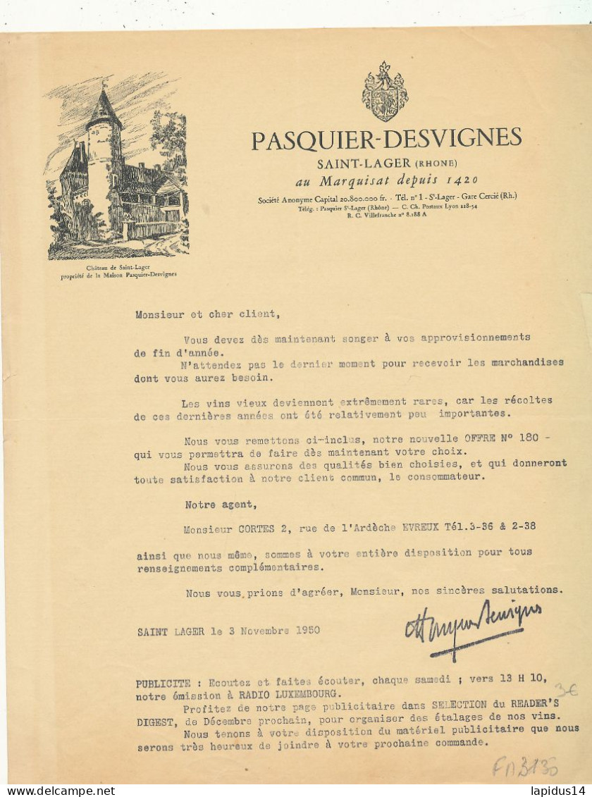 FA 3130    FACTURE   LETTRE  VINS  PASQUIER-DESVIGNES    SAINT LAGER  RHONE           (1950) - Alimentos