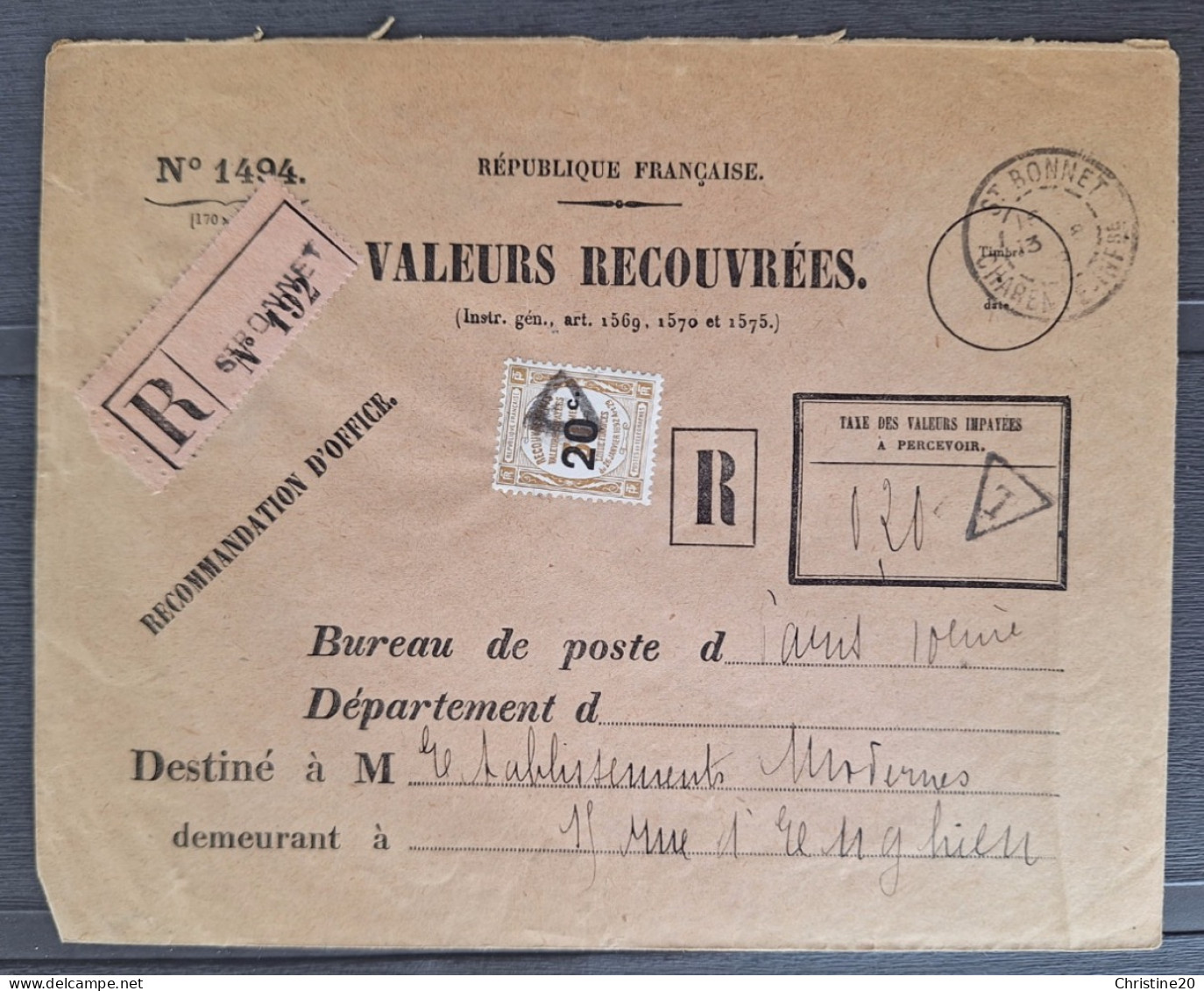 France 1918 Timbre Taxe Préobliteré Sur Formulaire N°1494, Affranchi Avec Timbre Taxe N°49  TB - 1859-1959 Lettres & Documents