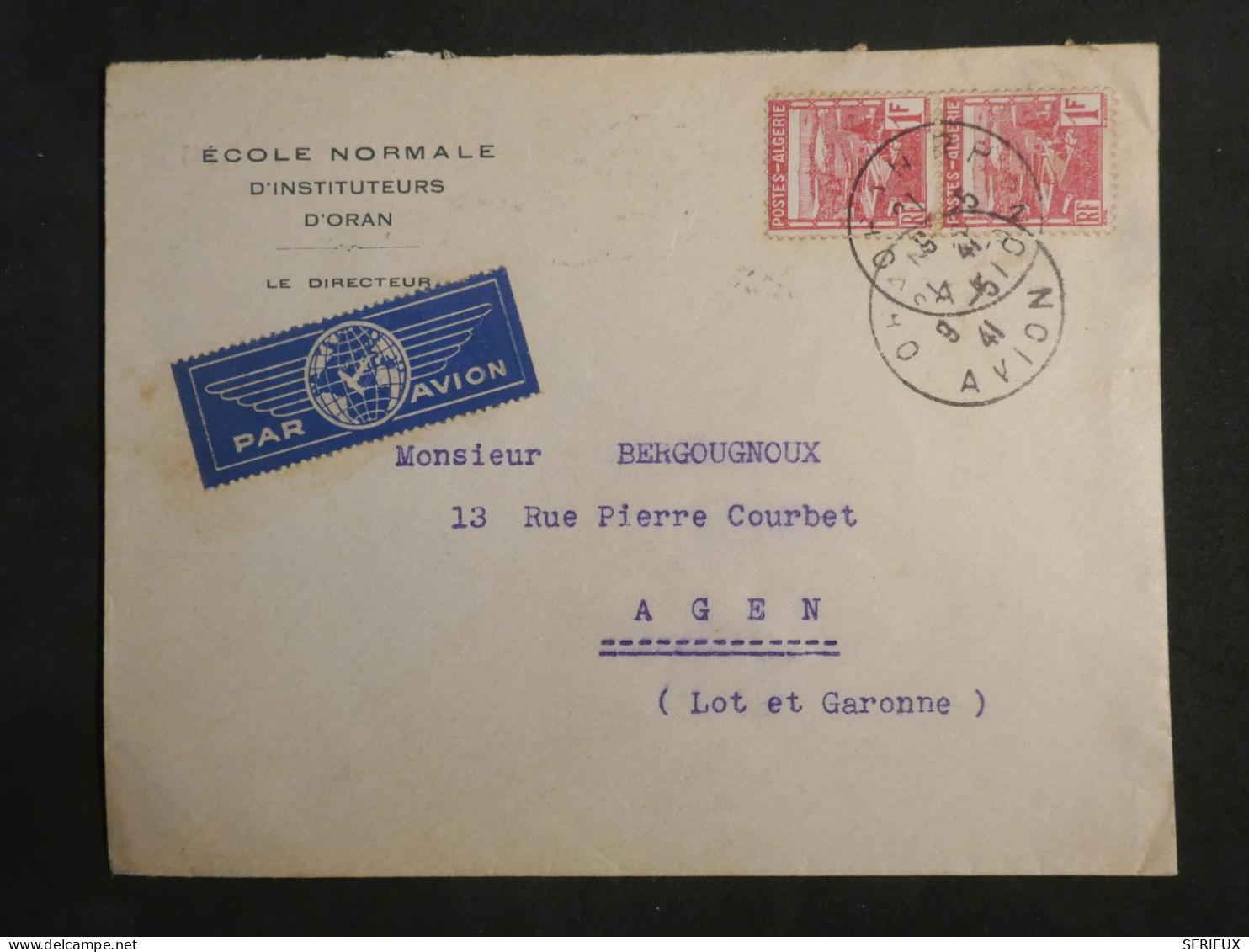 DL0  ALGERIE BELLE LETTRE  1941 NORMAL SUP. ORAN A AGEN  +PAIRE 1F. +AFF.   INTERESSANT+ + - Lettres & Documents