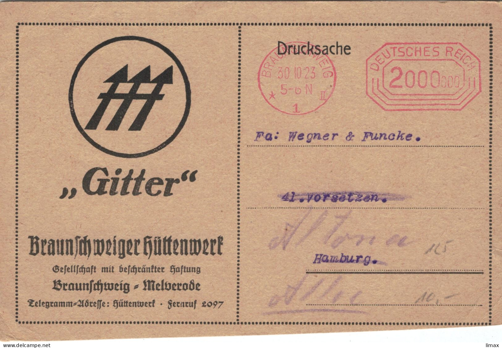 Gitter Braunschweig Melverode Hüttenwerk Gmbh Drucksache 30.10.1923 - Infla 2.000.000 Mark > Hamburg - Werbung - Franking Machines