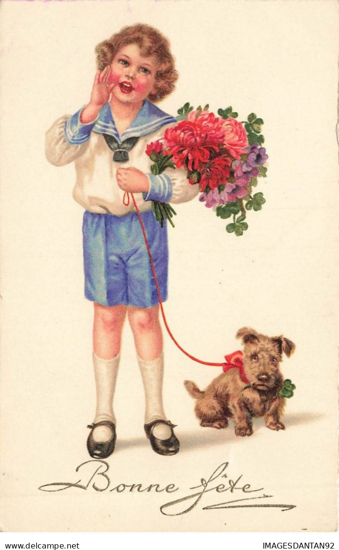 CHIENS AC#MK870 BONNE FETE FILLETTE BOUQUET DE FLEURS ET UN CHIEN - Chiens