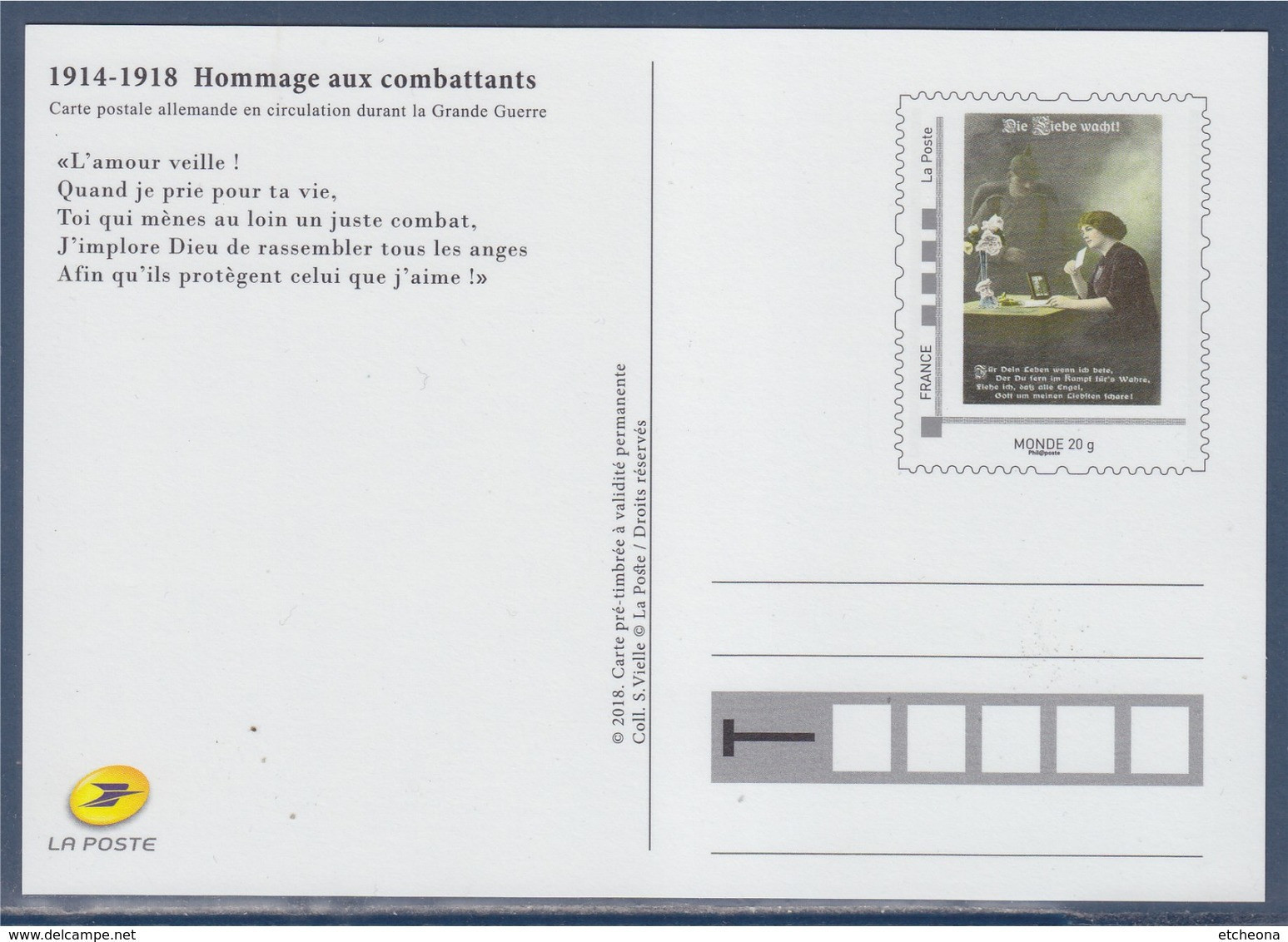 Type MonTimbraMoi Monde 20g Entier CP "L'Amour Veille" Reproduction Carte De La Grande Guerre Cadre Phil@poste - Prêts-à-poster:  Autres (1995-...)