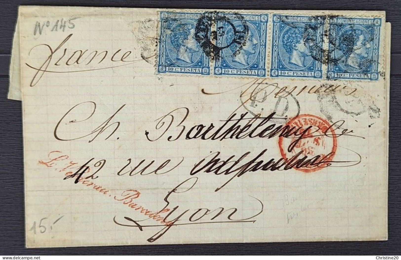 Espagne 1875 N°155 En Bande De 4 Sur Lettre TB - Brieven En Documenten