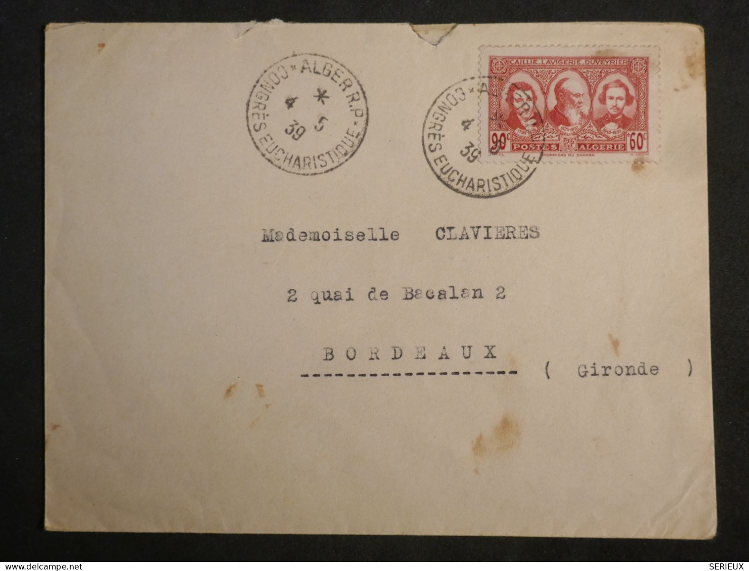 DL0  ALGERIE BELLE LETTRE  1939  ALGER  A BORDEAUX FRANCE  +AFF.   INTERESSANT+ + - Lettres & Documents