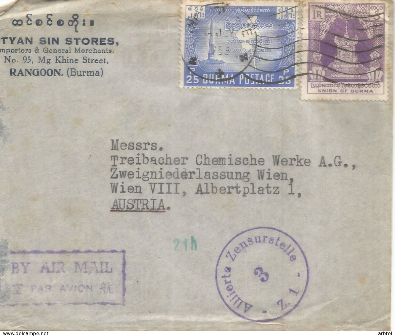 BURMA A AUSTRIA CON CENSURA 1953 - Autres - Asie