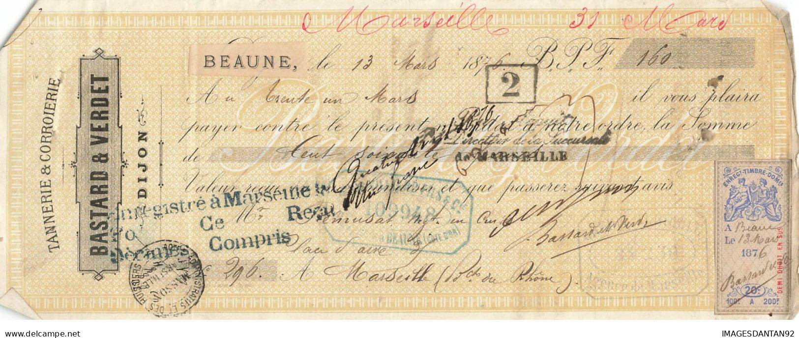 FISCAUX EFFET N 184A 20 C GROUPE ALLEGORIQUE 1876 BASTARD VERDET DIJON TANNERIE CORROIERIE - Otros & Sin Clasificación