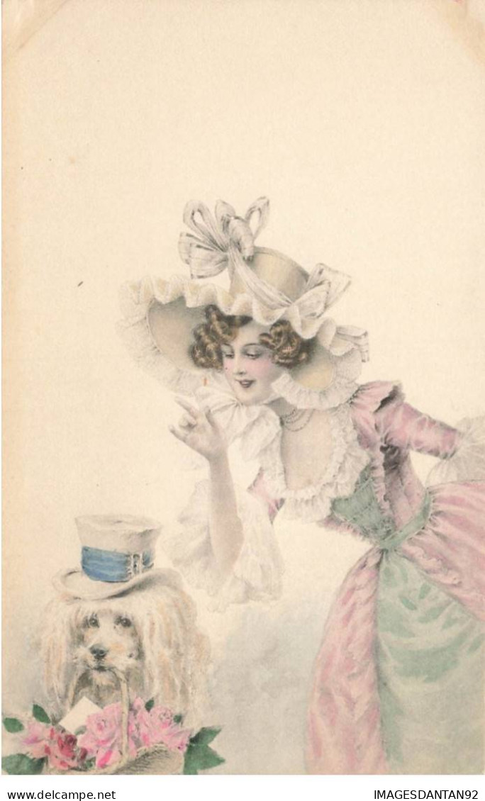 ILLUSTRATEURS AF#DC672 FEMME AVEC UN CHIEN CANICHE AVEC UN CHAPEAU SUR LA TETE - 1900-1949