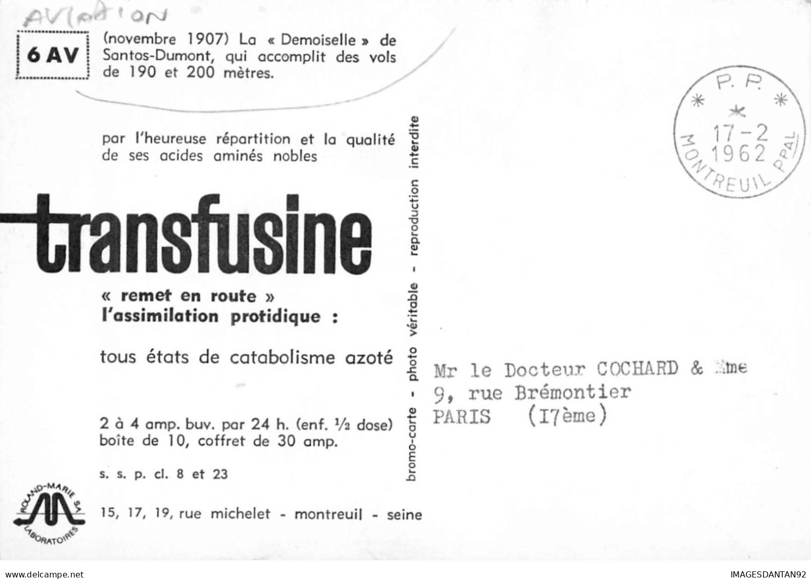 AVIATION AF#DC655 AVION LA DEMOISELLE DE SANTOS DUMONT VOL DE 190 A 200 M PUB TRANSFUSINE - ....-1914: Precursores