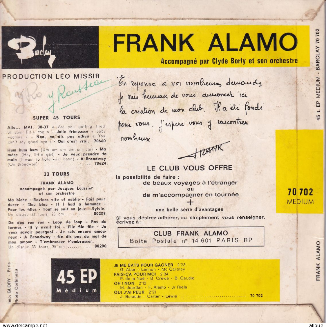 FRANK ALAMO - FR EP - JE ME BATS POUR GAGNER (LENNON - Mc CARTNEY) + 3 - Andere - Franstalig