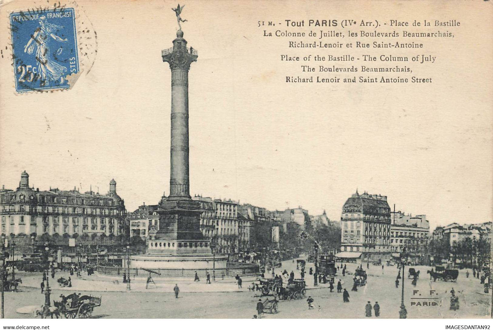 75 PARIS 04 AH#AL00654 PLACE DE LA BASTILLE LA COLONNE DE JUILLET LES BLD BEAUMARCHAIS R LENOIR ET LA RUE STE ANTOINE - Arrondissement: 04