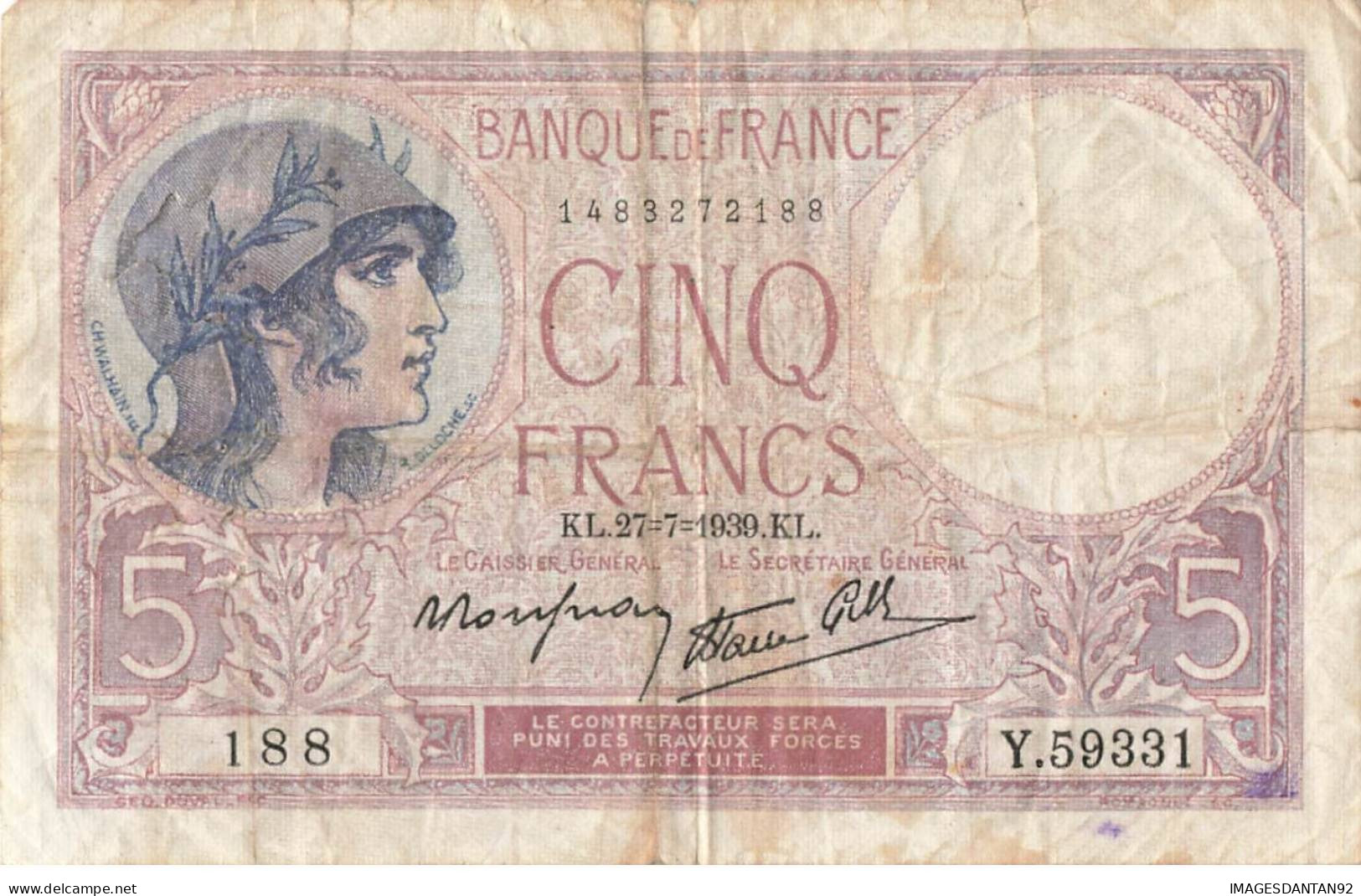 5 Francs VIOLET X 2 1939 + 100 FRANCS PAYSAN 1948 - 5 F 1917-1940 ''Violet''