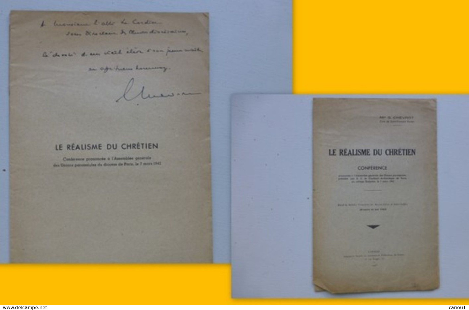 C1 RESISTANCE Monseigneur CHEVROT Le REALISME DU CHRETIEN 1943 DEDICACE Signed PORT INCLUS France - War 1939-45