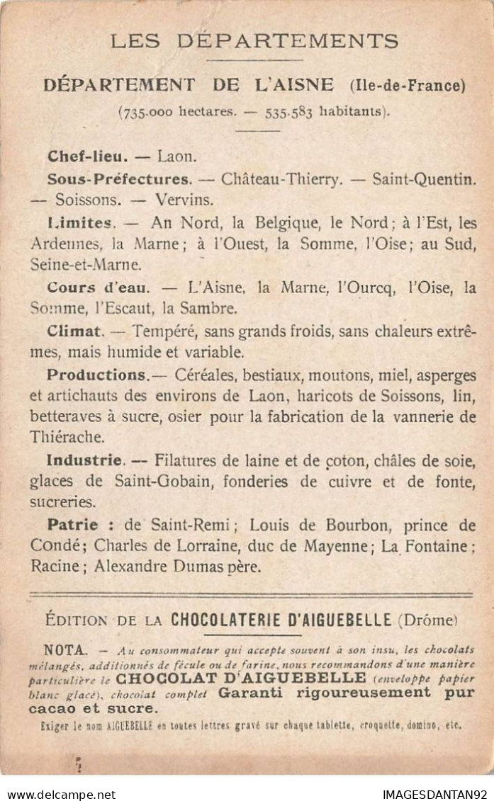 CHROMOS AG#MK993 LES DEPARTEMENTS L AISNE ILE DE FRANCE PLAN CHOCOLATERIE D AIGUEBELLE - Aiguebelle