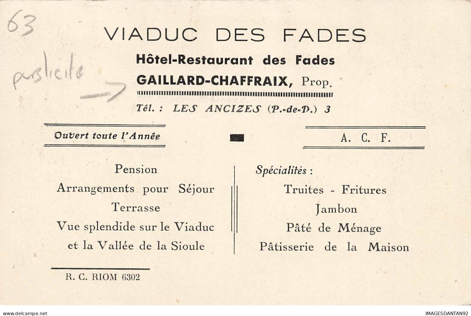 63 LES ANCIZES AI#DC489 LE VIADUC DES FADES + PUBLICITE POUR HOTEL RESTAURANT DES FADES A GAILLARD CHAFFAIX - Other & Unclassified