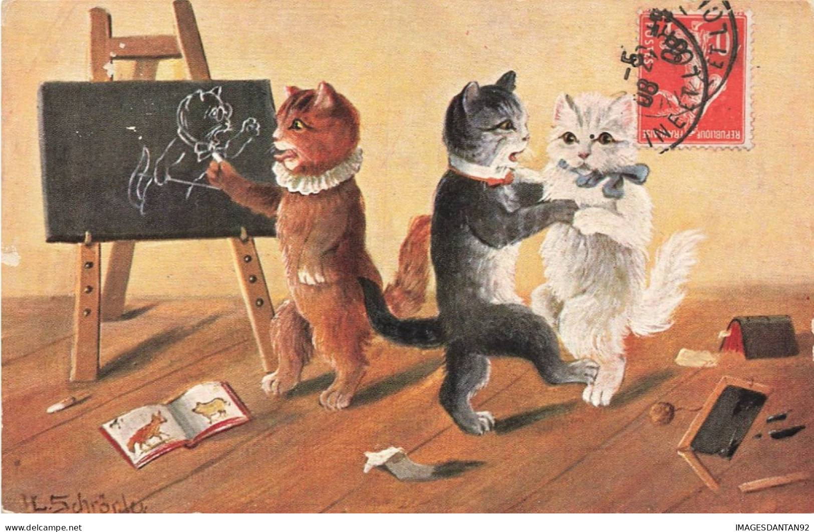 CHATS AI#DC979 DEUX CHATS QUI DANSENT ET UN QUI DESSINE SUR LE TABLEAU PAR ILLUSTRATEUR - Gatos