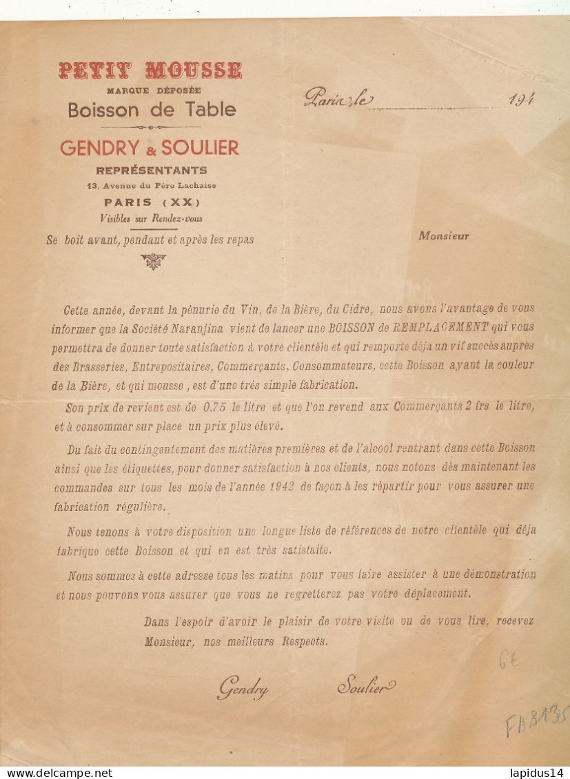 FA 3135    FACTURE  PETIT MOUSSE MARQUE DEPOSEE BOISSON DE TABLE GENDRY& SOULIER  REPRESENTANTS  PARIS       (1940) - Food