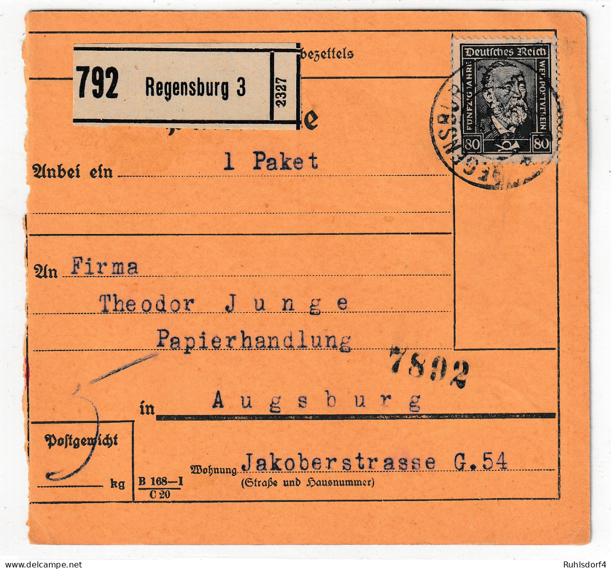 Dt. Reich 1925: 80 Pfg. Stephan Auf Paketkarte - Andere & Zonder Classificatie
