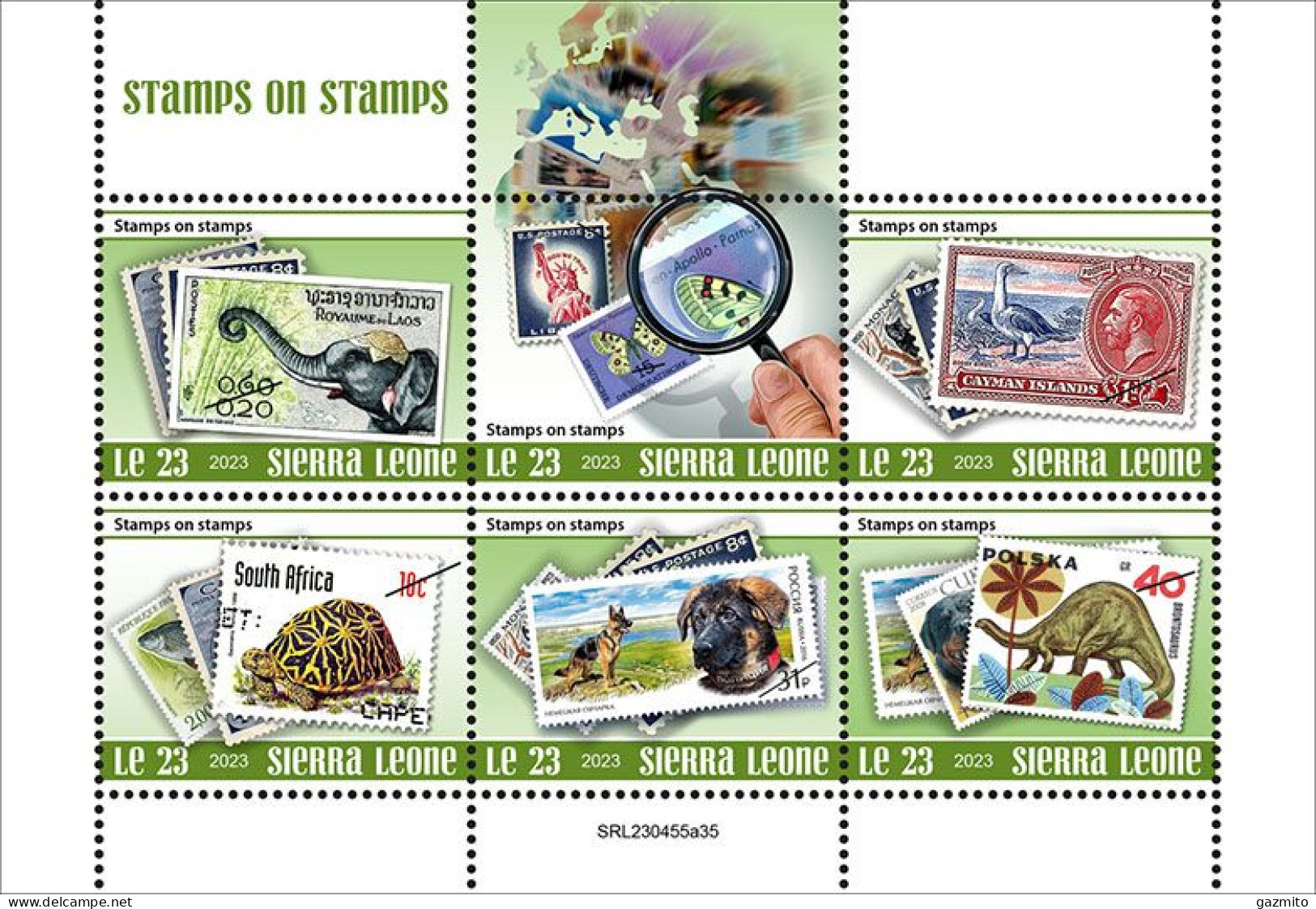 Sierra Leone 2023, Stamps On Stamps, Elephant, Turtle, Dog, Dinosaurs, 6val In BF - Timbres Sur Timbres