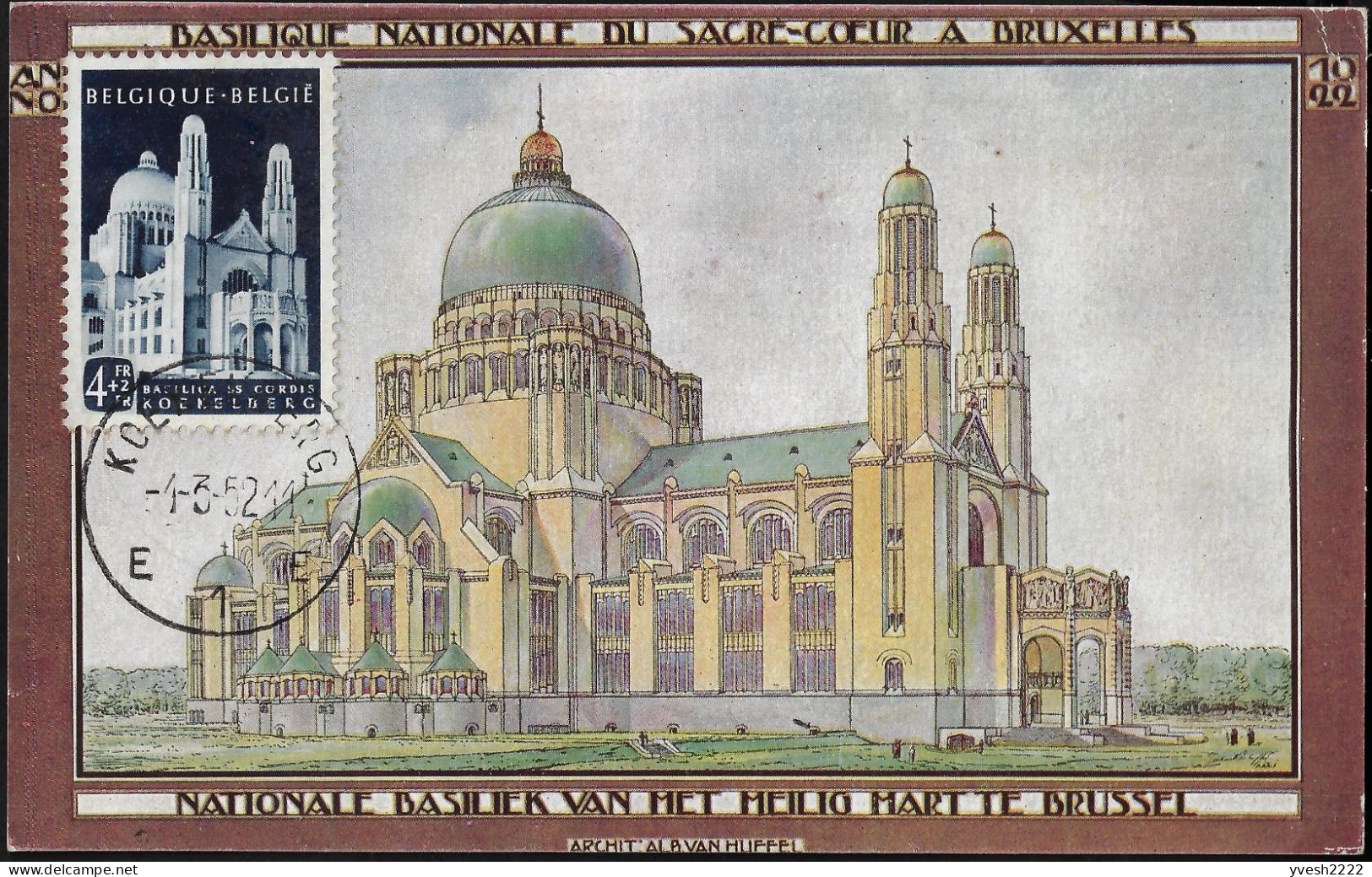 Belgique 1952 Y&T 877 Sur Carte Maximum. Basilique De Koekelberg - Churches & Cathedrals