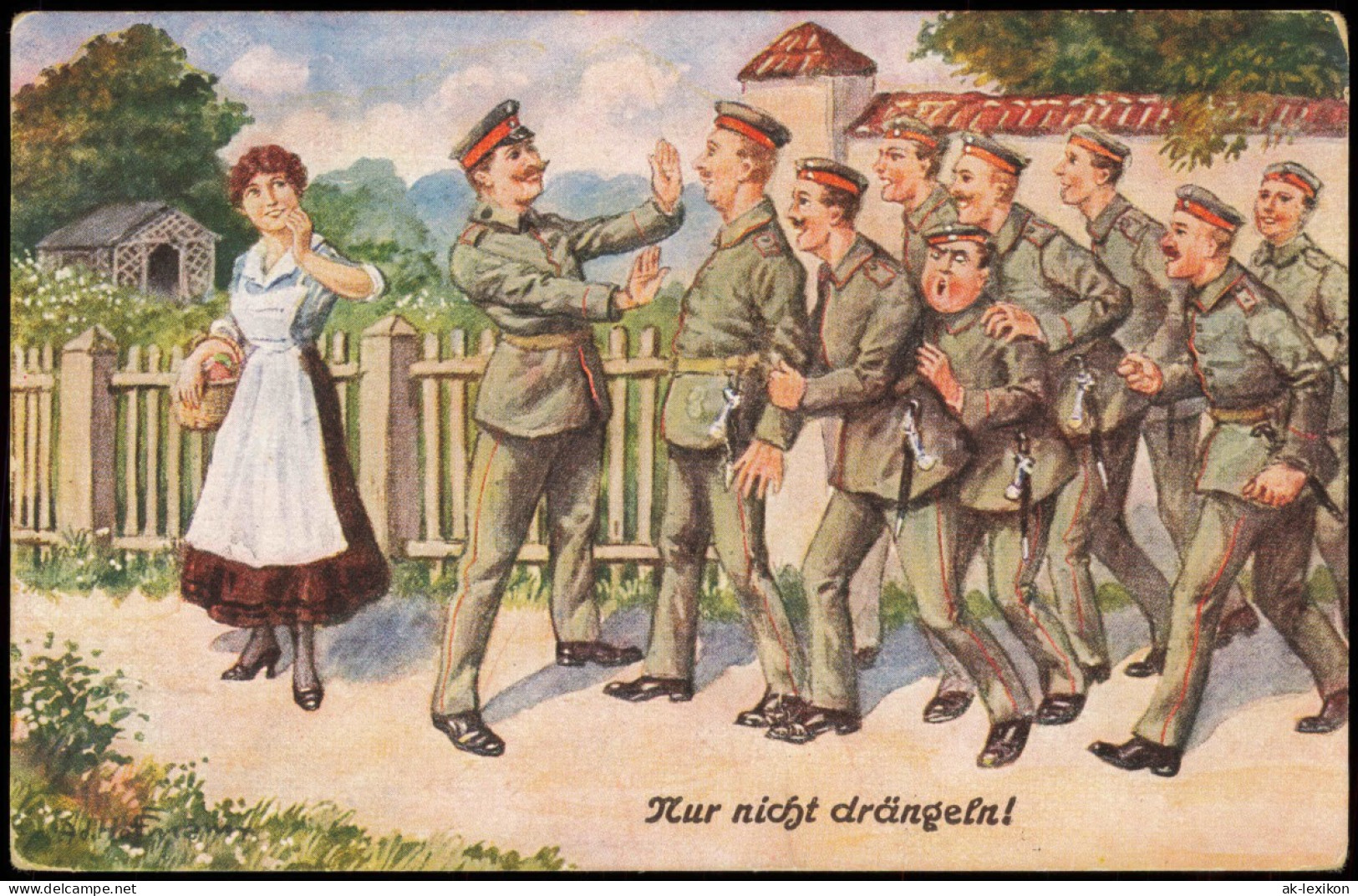 Feldpostkarte 1WK Soldaten Drängeln Für Eine Frau 1917    Gel Feldpoststempel - Weltkrieg 1914-18