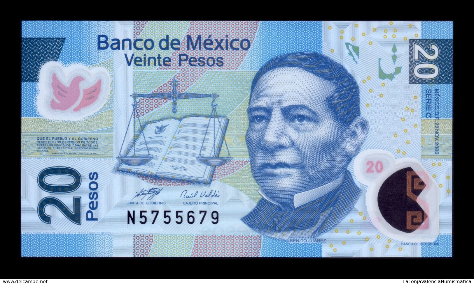 México 20 Pesos Benito Juárez 2006 Pick 122c Serie C Polímero Ebc Xf - Mexique