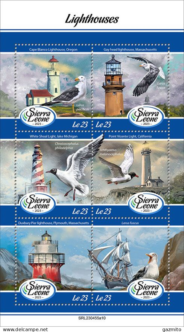 Sierra Leone 2023, Lighthouses, Birds, Ship, 6val In BF - Marine Web-footed Birds