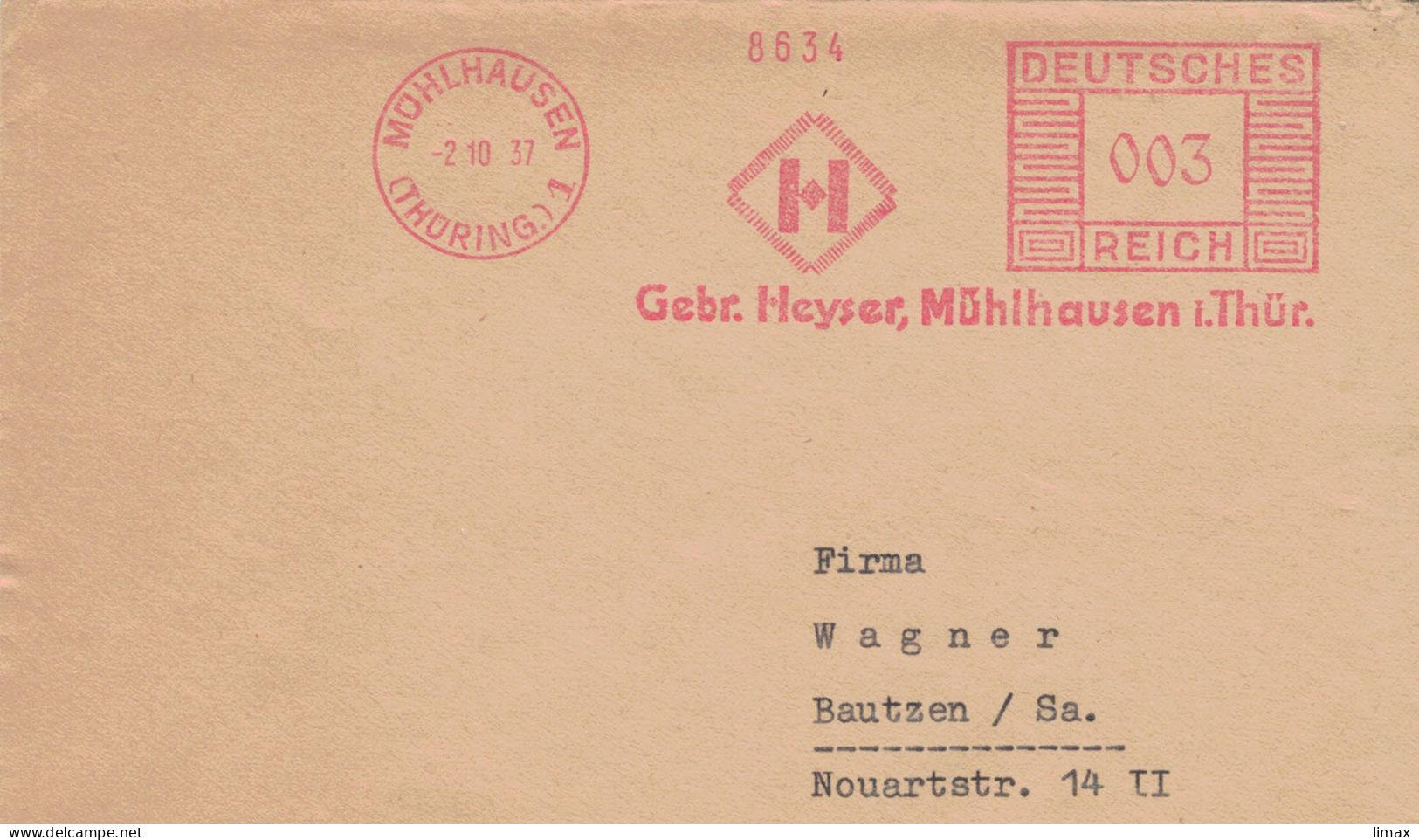 Francotyp C - Gebrüder Heyser Mühlhausen Thüringen 1937 > Bautzen 8634 - Frankeermachines (EMA)
