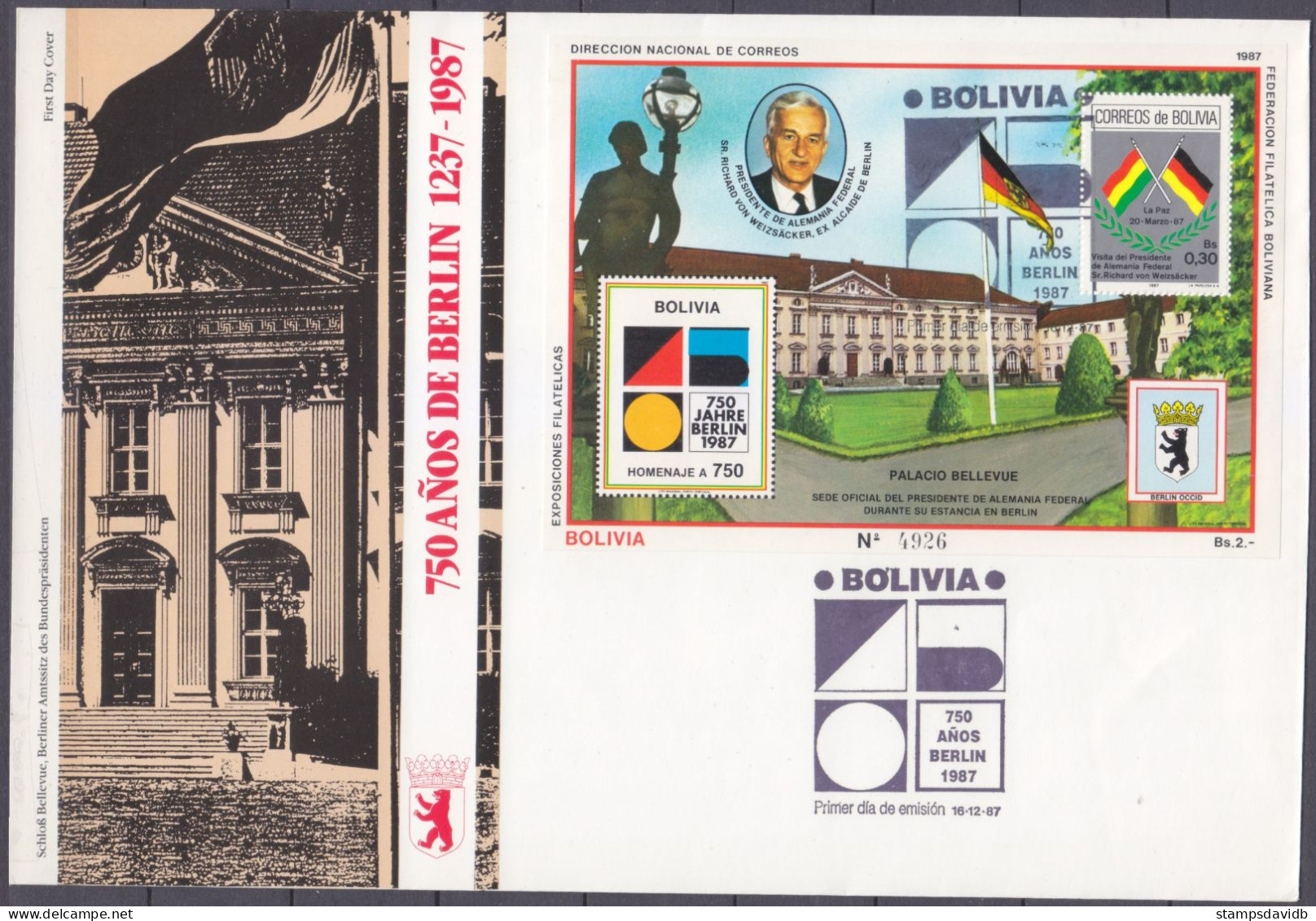 1987 Bolivia 1051C/B169 FDC 750 Years Of Berlin 36,00 € - Monumentos