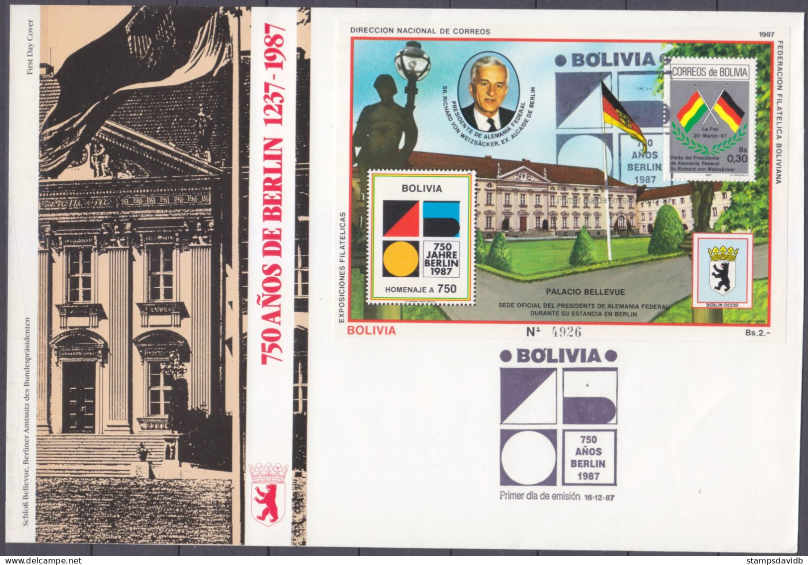 1987 Bolivia 1051C/B169 FDC 750 Years Of Berlin 36,00 € - Monumenti