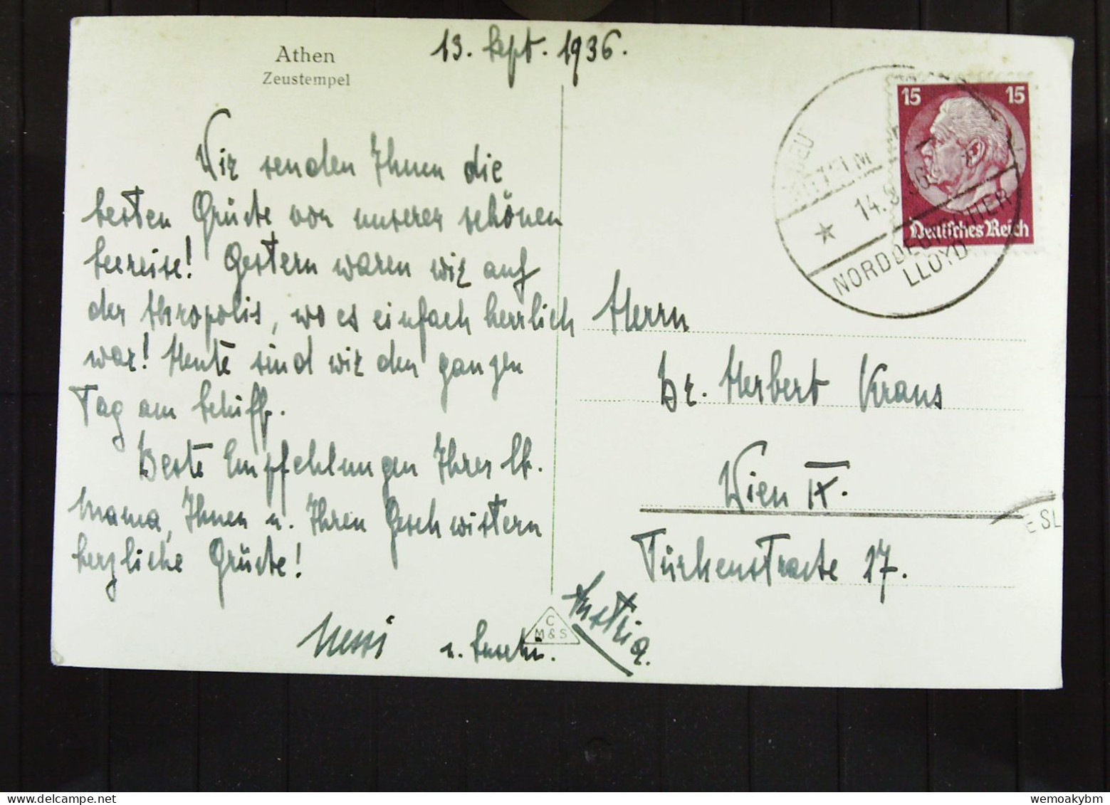 Griechenland/DR: AK Von Athen Mit Zeustempel Mit Schiffs-Stpl. LLOYD V 14.9.1936 Mit 15 Pf Hindenburg Knr. 520 Nach Wien - Griekenland