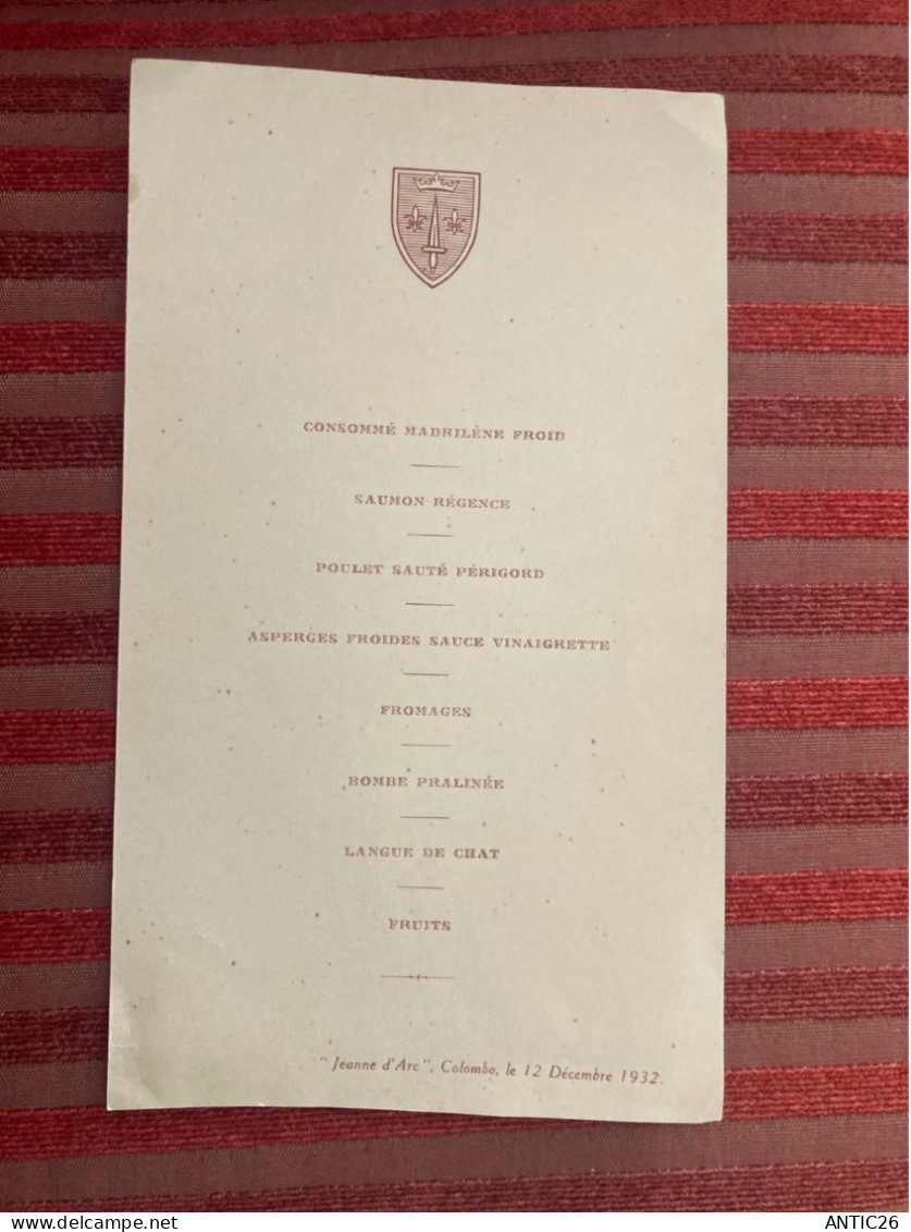 Menu Ancien  SRI LANKA CEYLAN CEYLON JEANNE D'ARC  Colombo Le 12 Decembre 1932 - Menus