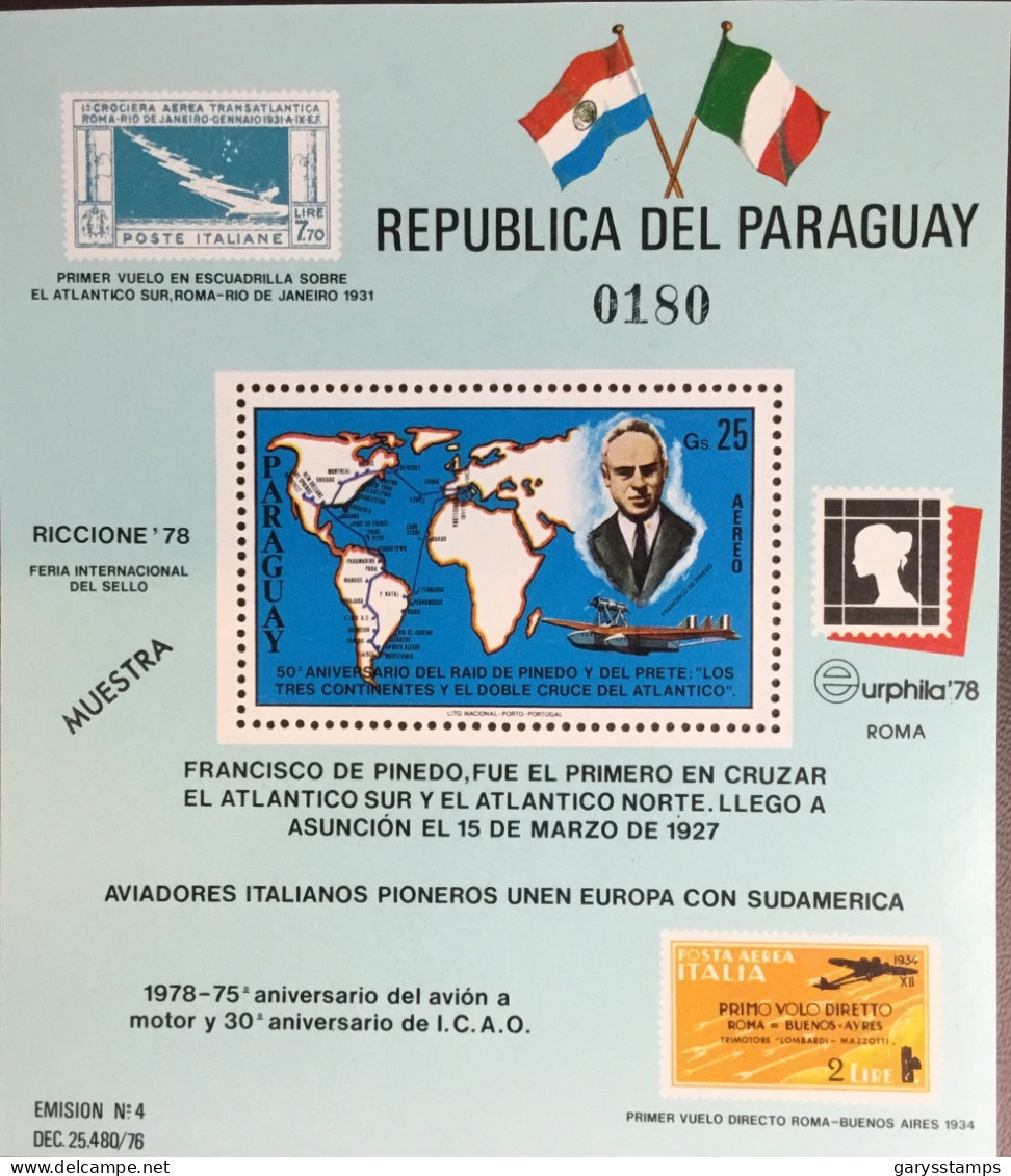 Paraguay 1978 Stamp Exhibitions Pinedo Flight Anniversary Aircraft Specimen Minisheet MNH - Paraguay