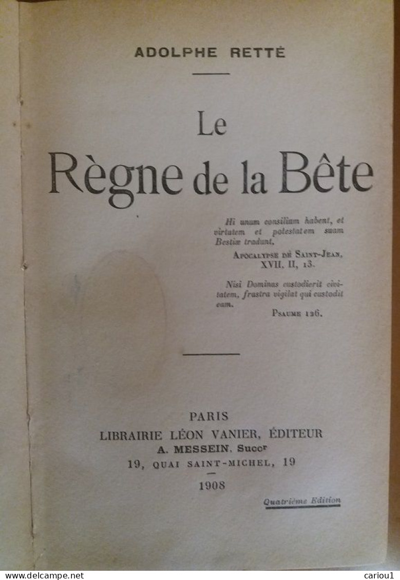 C1 Adolphe RETTE Le REGNE DE LA BETE Leon Vanier 1908 RELIE - 1901-1940