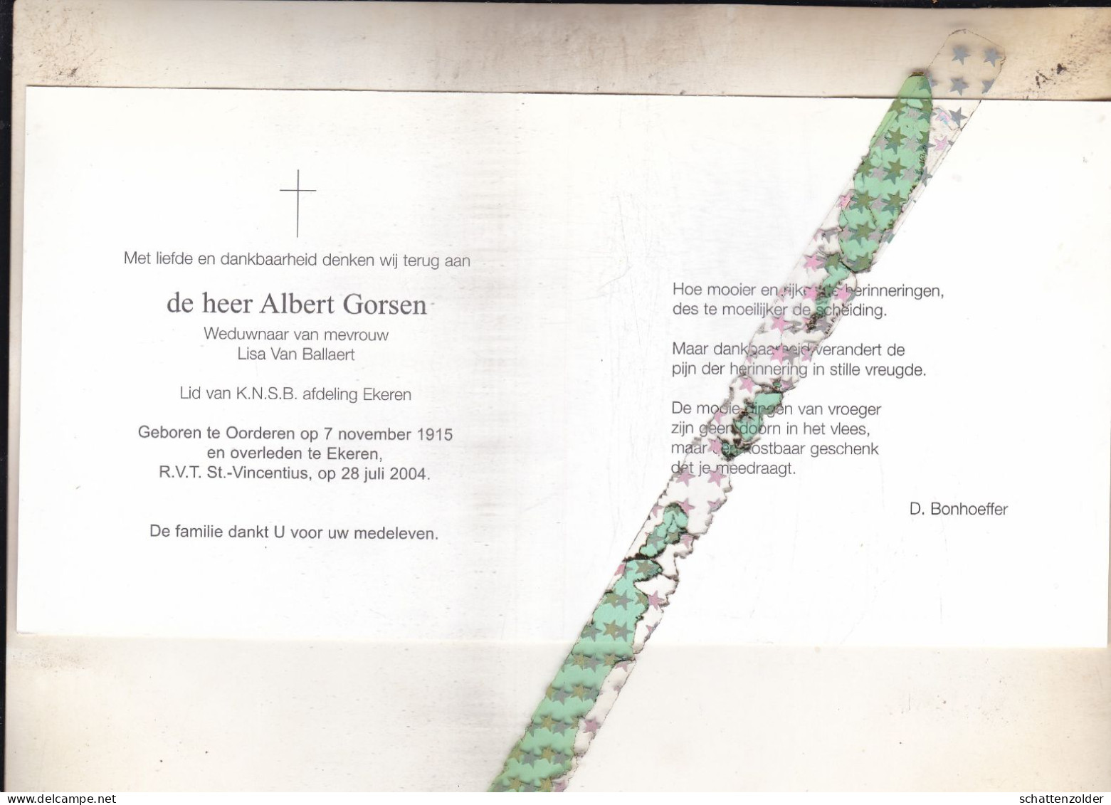 Albert Gorsen-Van Ballaert, Oorderen 1915, Ekeren 2004. Foto - Obituary Notices