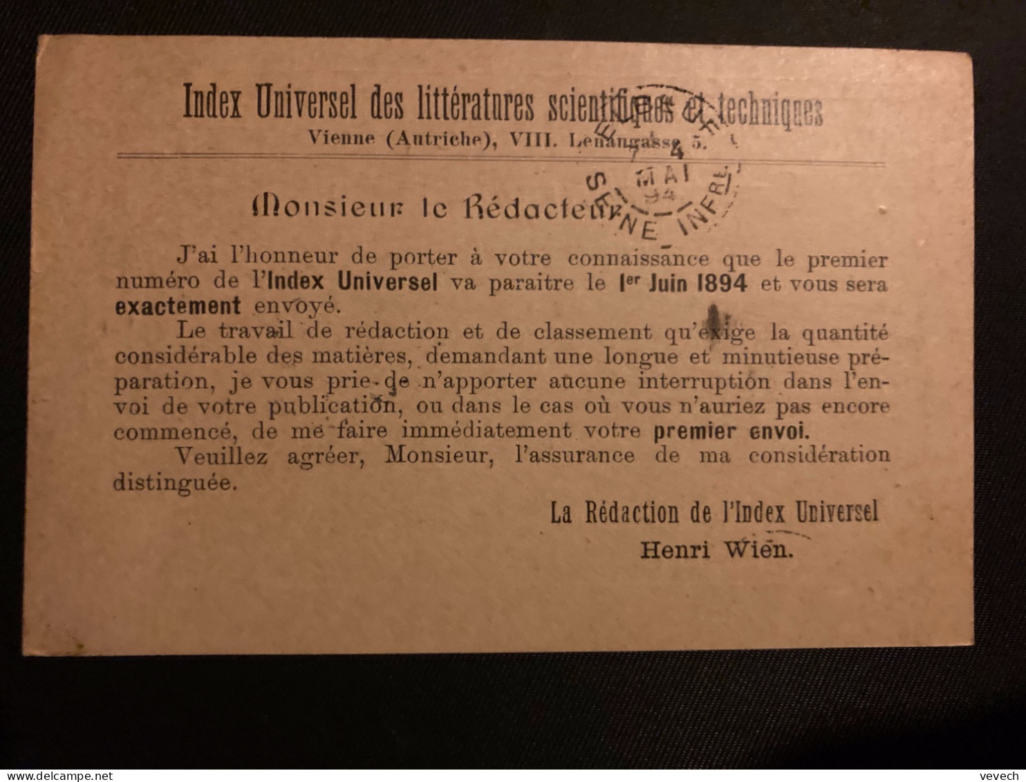 CP INDEX UNIVERSEL DES LITTERATURES SCIENTIFIQUES EP 5 OBL. 2 5 94 WIEN 1/1 Pour JACQUARD + OBL. ELBEUF (76) FRANCE - Covers & Documents