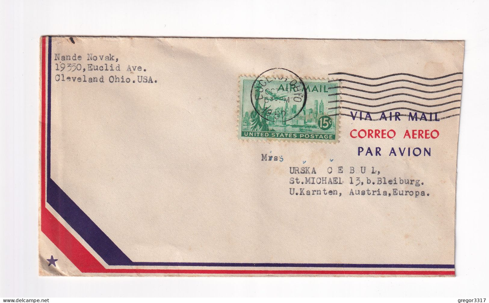 E6238) AIR MAIL - CORREO AEREO  - Luftpost EUCLID OHIO 1952 Nach St. Michael Ob Bleiburg Kärnten Austria - 2c. 1941-1960 Brieven