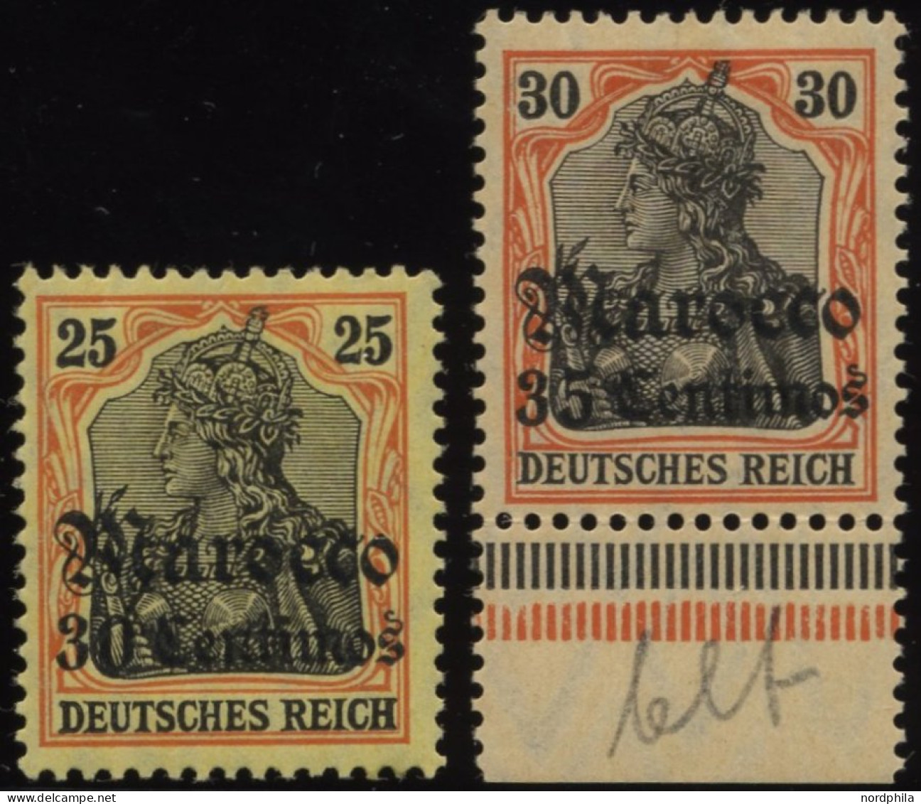 DP IN MAROKKO 38/9 *, 1908/11, 30 C. Auf 25 Pf. Und 35 C. Auf 30 Pf., Mit Wz., Falzreste, 2 Prachtwerte, Mi. 44.- - Marruecos (oficinas)