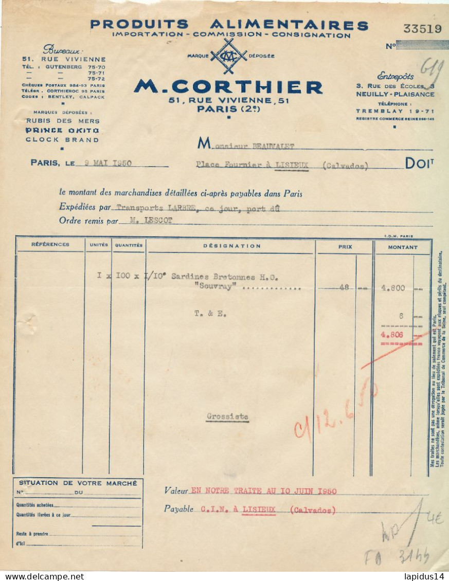 FA 3144 /   FACTURE - CONSERVES ALIMENTAIRES M. CORTHIER  PARIS    (1950) - Alimentos