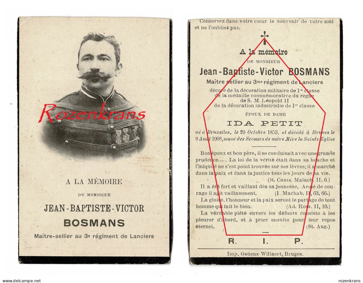 Jean Baptiste Bosmans Lancier Soldaat Soldat Maitre Sellier 3e Réiment De Lanciers Avis De Décès Armee Belge Brugge 1908 - Uniformi