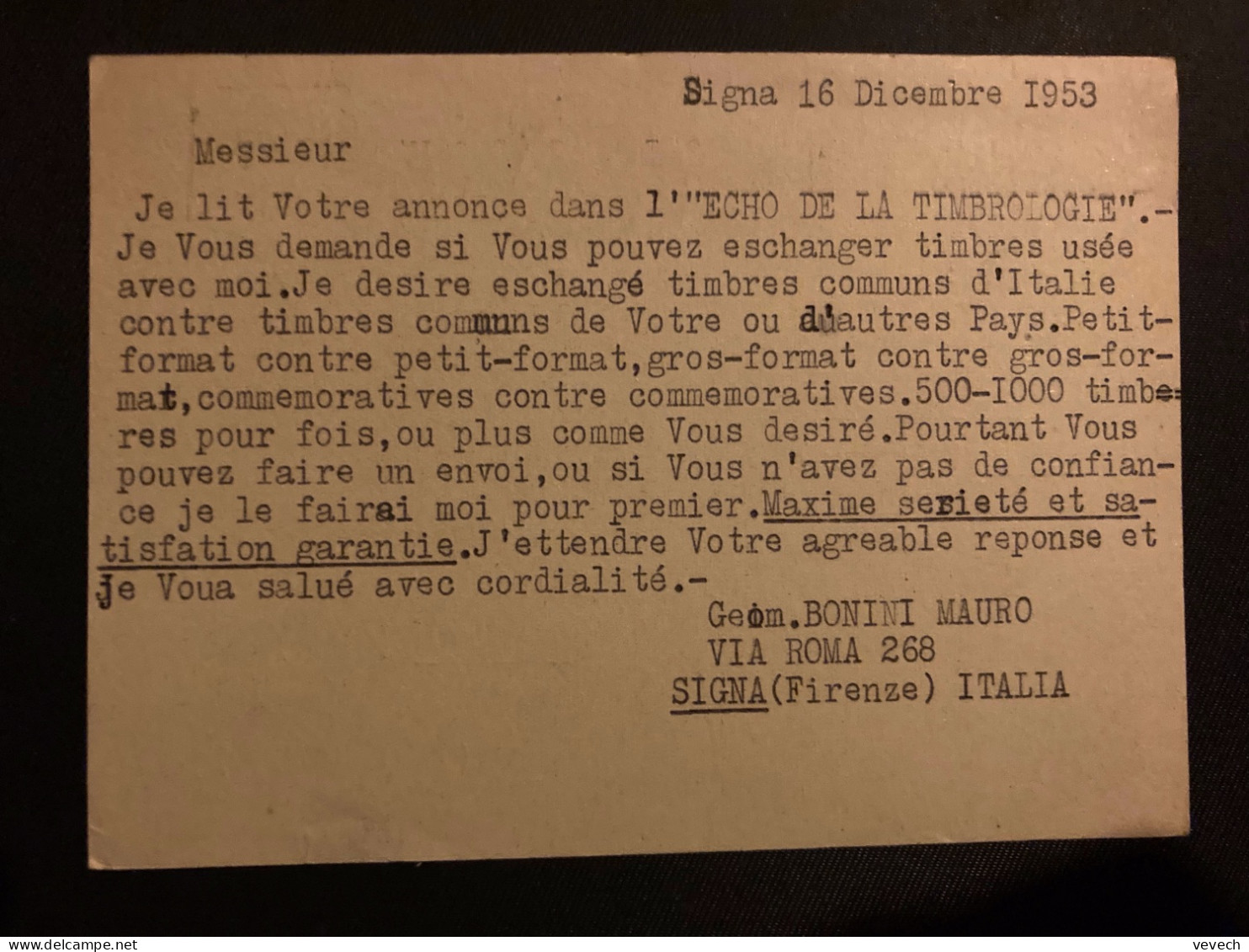 CP EP L20 CHAR ROMAIN OBL.MEC.16 XII 1953 FIRENZE C.P. FERROVIA - 1946-60: Marcophilia