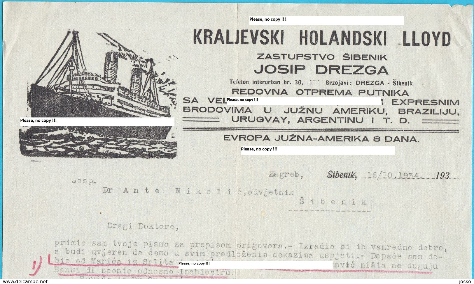 ROYAL HOLLAND LLOYD - REPRESENTATIVE OFFICE ŠIBENIK - JOSIP DREZGA Old Document (1934) * Croatia Netherlands Nederland - Other & Unclassified