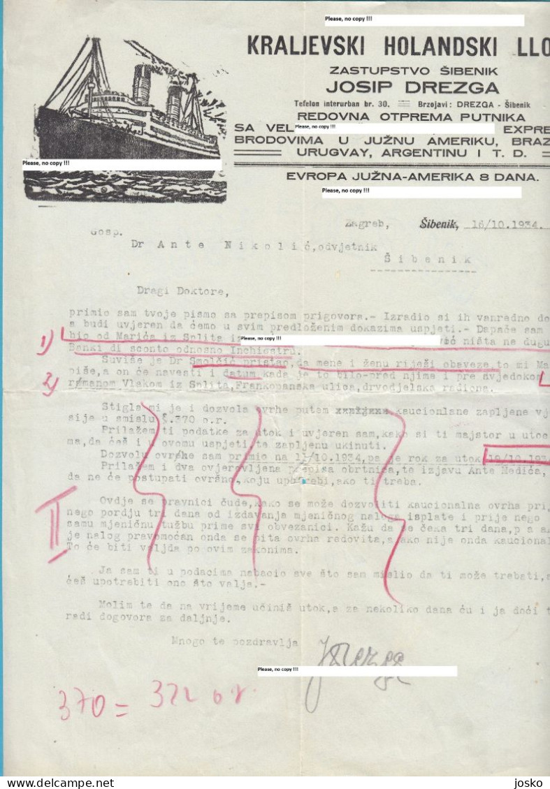ROYAL HOLLAND LLOYD - REPRESENTATIVE OFFICE ŠIBENIK - JOSIP DREZGA Old Document (1934) * Croatia Netherlands Nederland - Autres & Non Classés