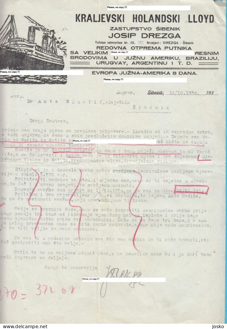 ROYAL HOLLAND LLOYD - REPRESENTATIVE OFFICE ŠIBENIK - JOSIP DREZGA Old Document (1934) * Croatia Netherlands Nederland - Autres & Non Classés