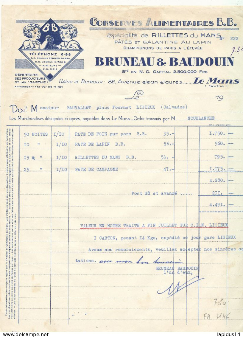 FA 3146 /   FACTURE - + TRAITE - CONSERVES ALIMENTAIRES  RILLETTES DU MANS BRUNEAU & BAUDOUIN  LE MANS     (1951) - Alimentos