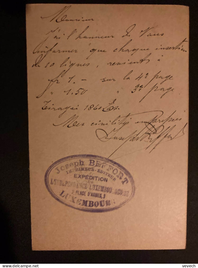 CP EP 10 OBL.24 3 93 LUXEMBOURG VILLE + Joseph BEFFORT IMPRIMEIR EDITEUR Pour M SAINT DENIS + OBL. ELBEUF (76) FRANCE - 1882 Alegorias