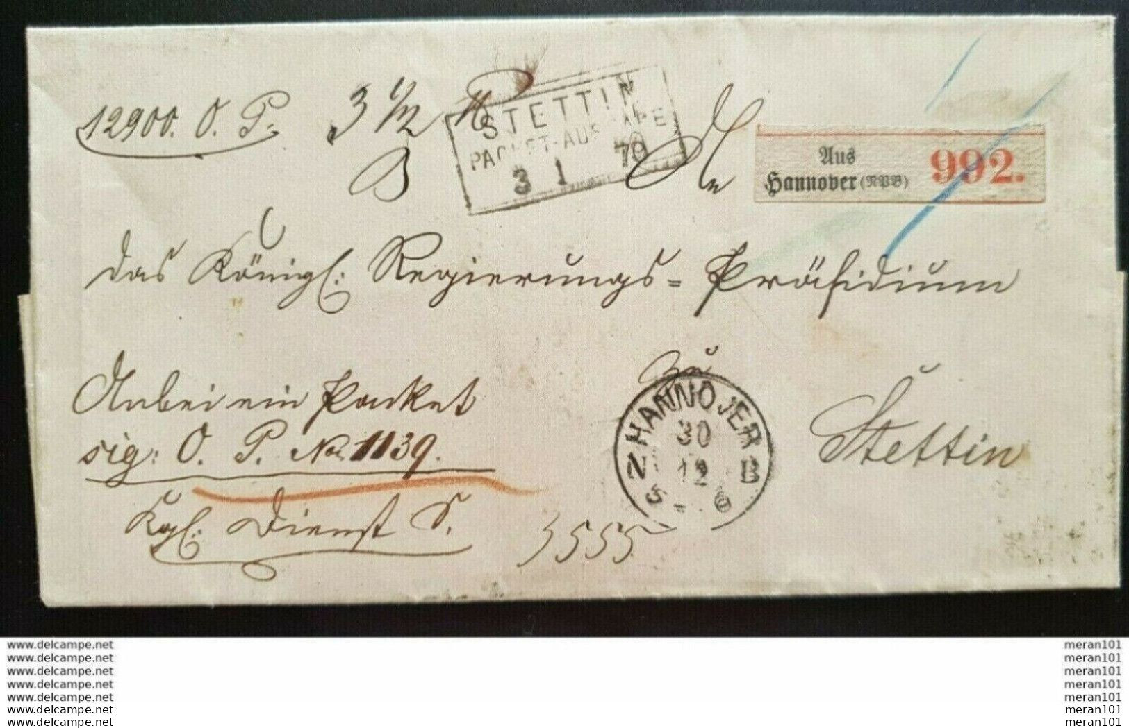 Hannover 1870, Paketbegleitadresse NPB 992 Nach STETTIN - Siegel - Hanover