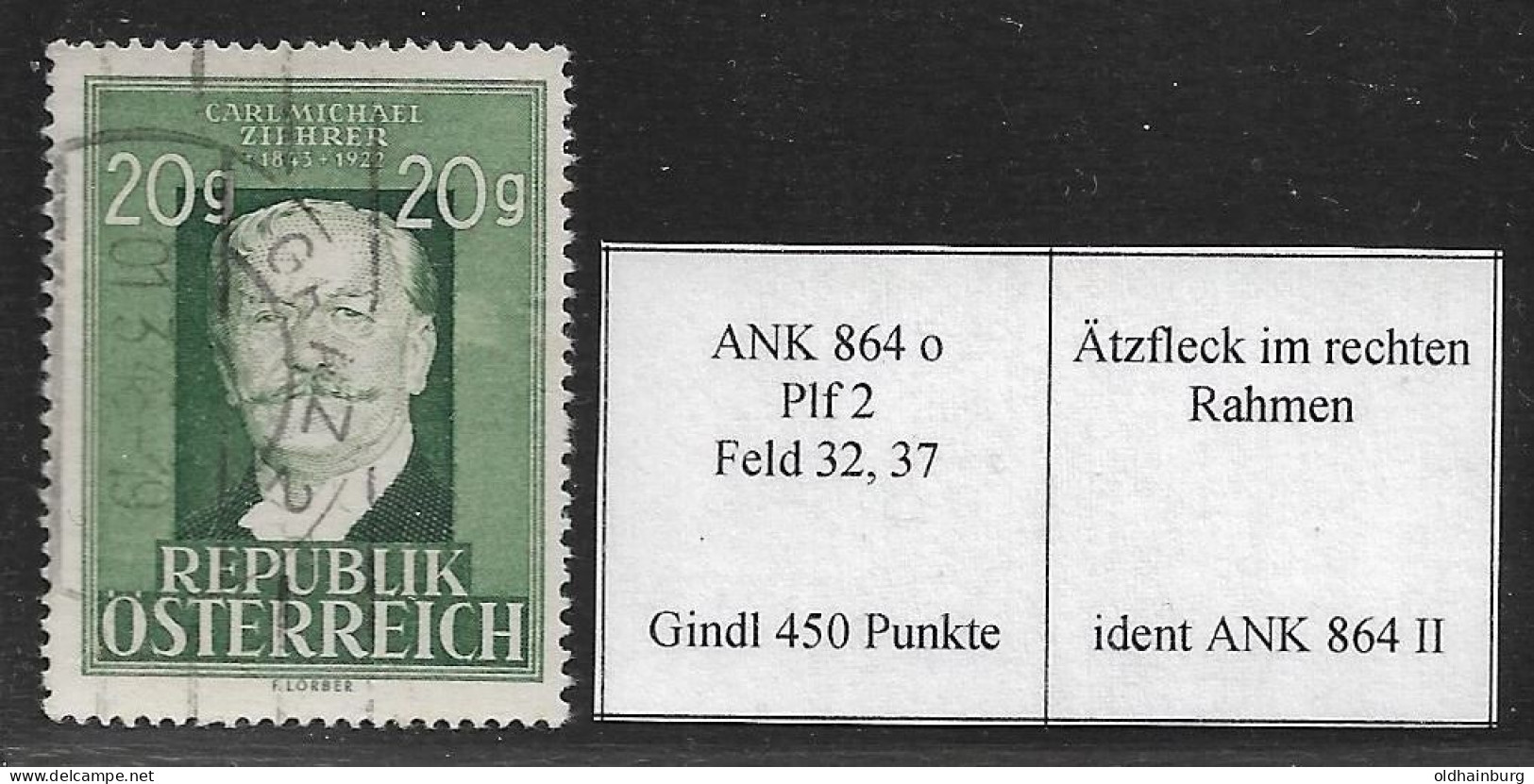 Österreich 1948: ANK 864 II O, Komponist Carl Michael Ziehrer, Gindl- Plattenfehler "Ätzfleck" (450 Punkte) - Usati
