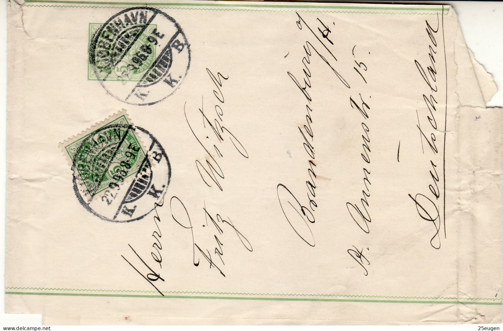 DENMARK 1896 WRAPPER MiNr S 5 SENT FROM KOBENHAVN TO BRANDENBURG - Enteros Postales