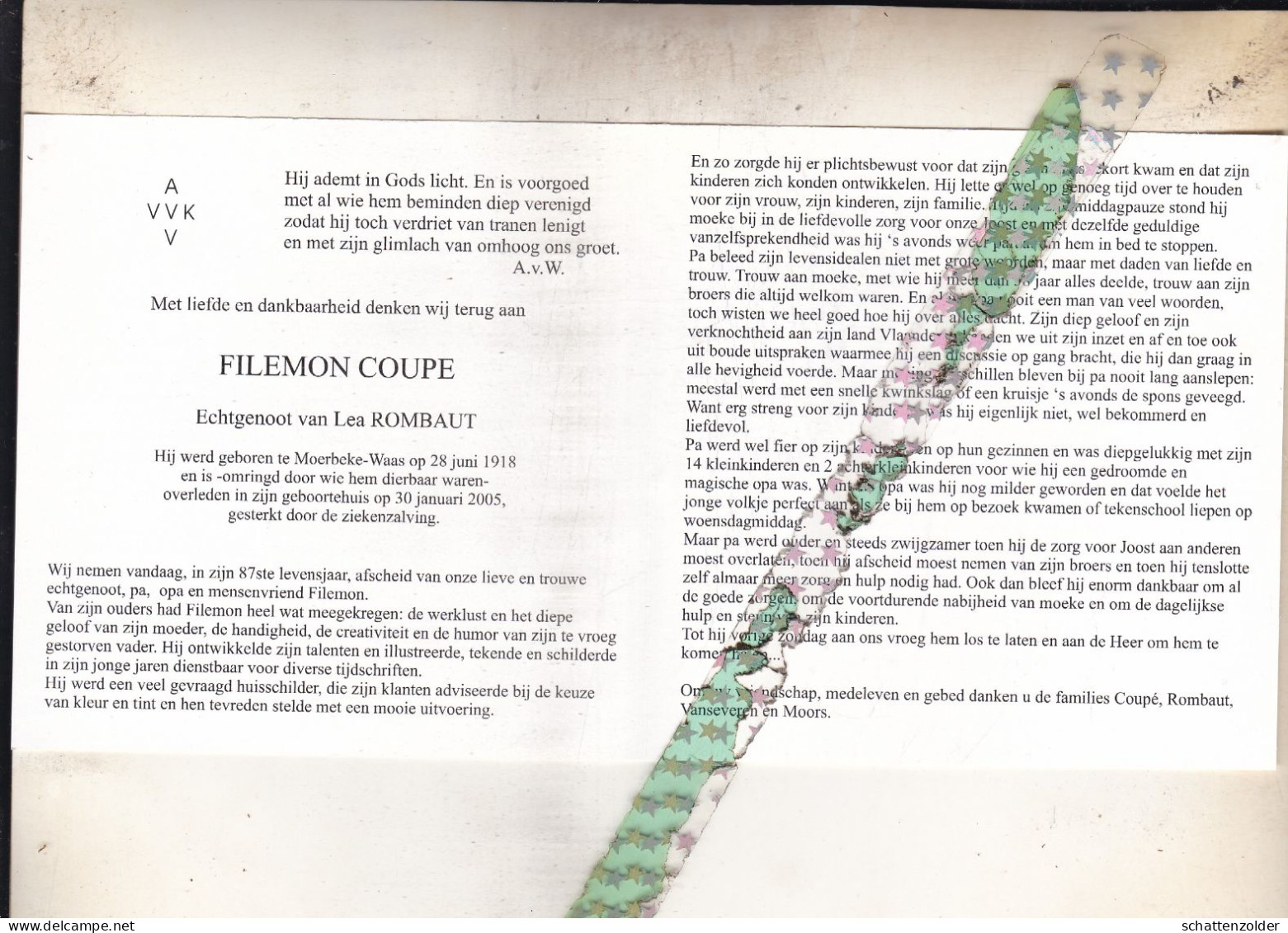 Filemon Coupe-Rombaut, Moerbeke-Waas 1918, 2005. AVV VVK. Foto Schilderij - Obituary Notices