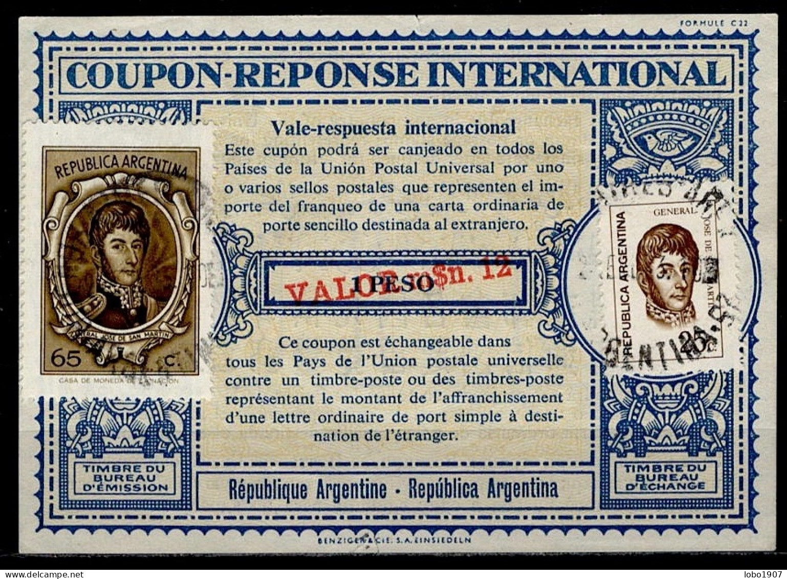 ARGENTINE ARGENTINA Lo16u  M$.12 / 1 PESO + Stamps 90 Pesos International Reply Coupon Reponse Antwortschein IRC IAS - Postwaardestukken